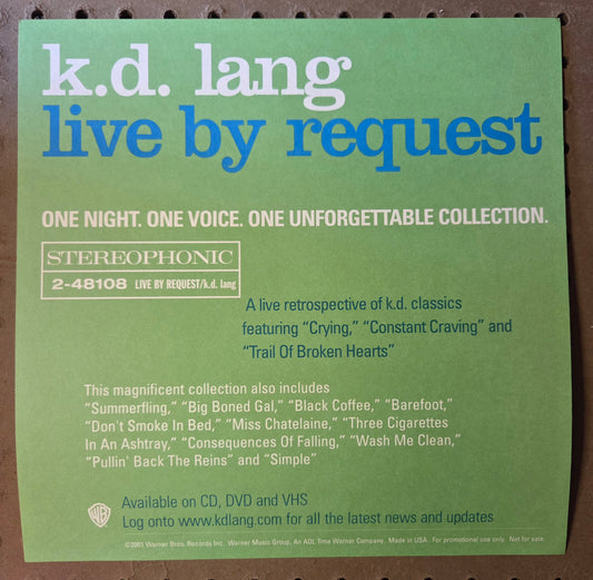K.D. Lang "Live by Request" - 2001 Vintage Promotional Double-sided Album Cover Poster Flat