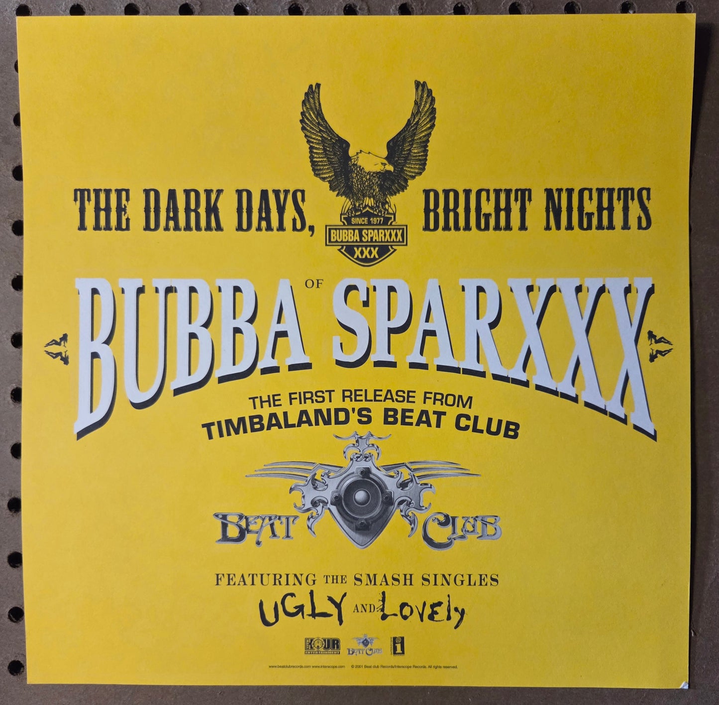 Bubba Sparxxx "Dark Days, Bright Nights" - 2001 Vintage Promotional Double-sided Album Cover Poster Flat