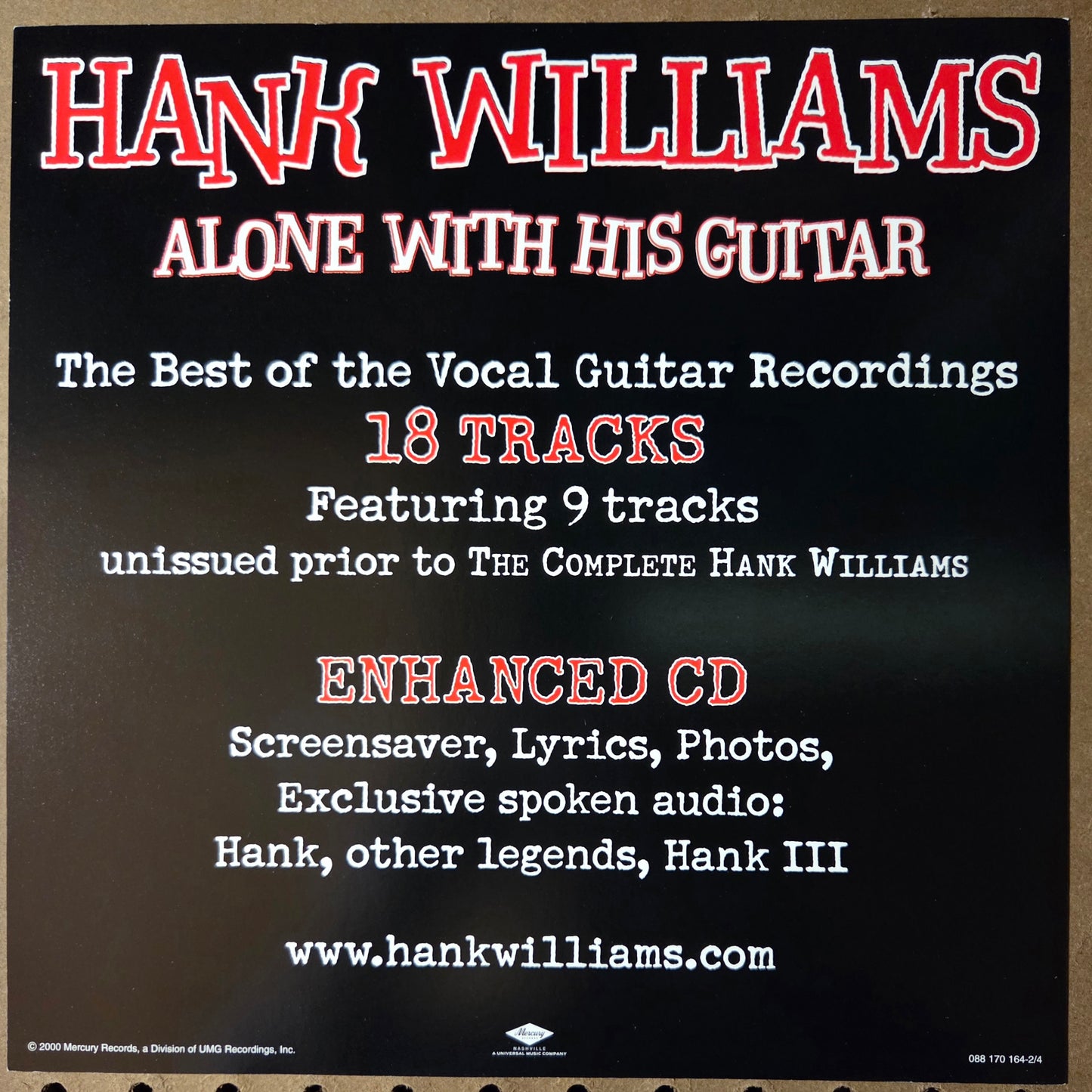 Hank Willaims "Alone With His Guitar" - 2000 Vintage Promotional Double-sided Album Cover Poster Flat