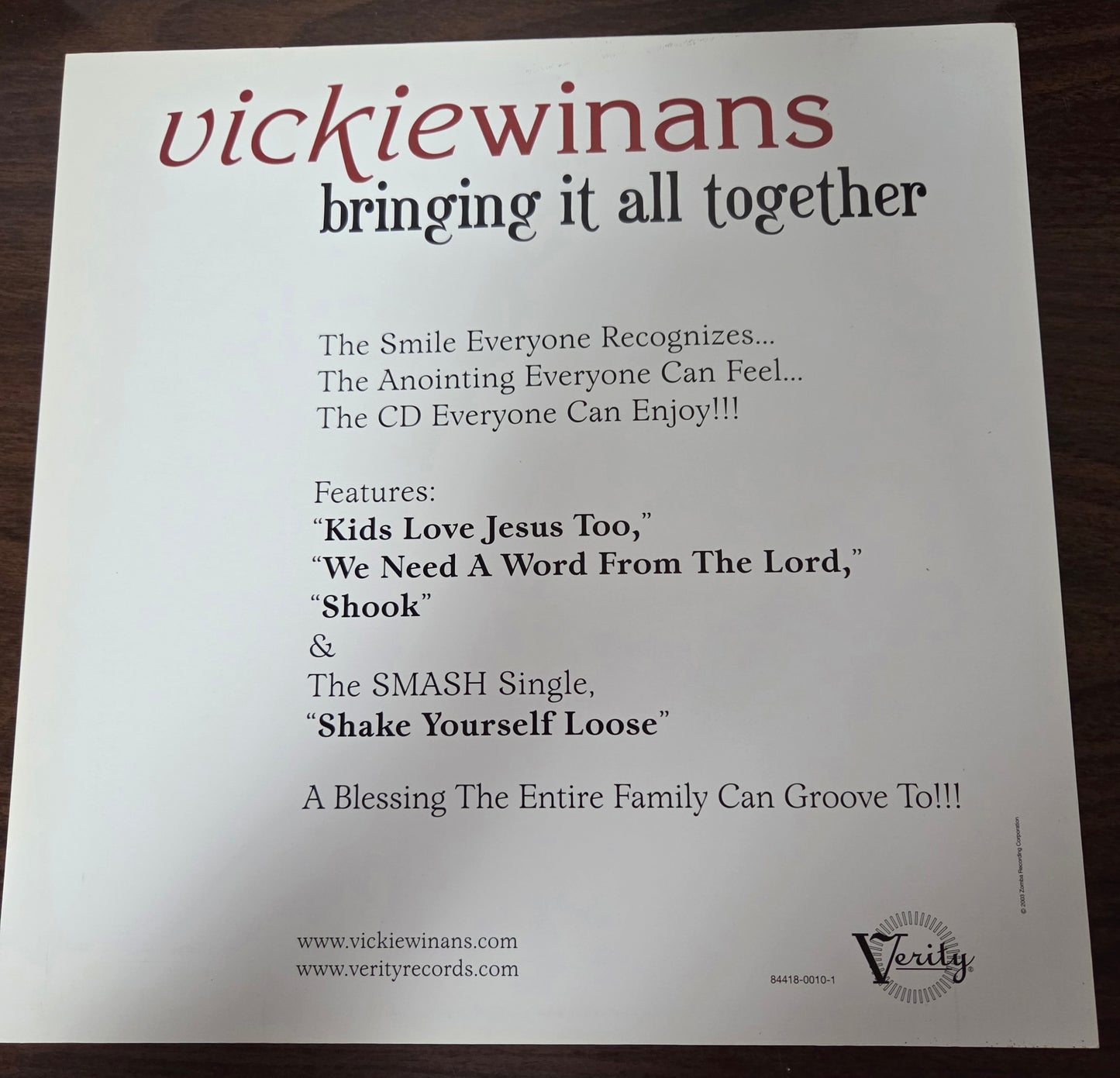 Vickie Winans "Bringing It All Together" - 2003 Vintage Promotional Double-sided Album Cover Poster Flat
